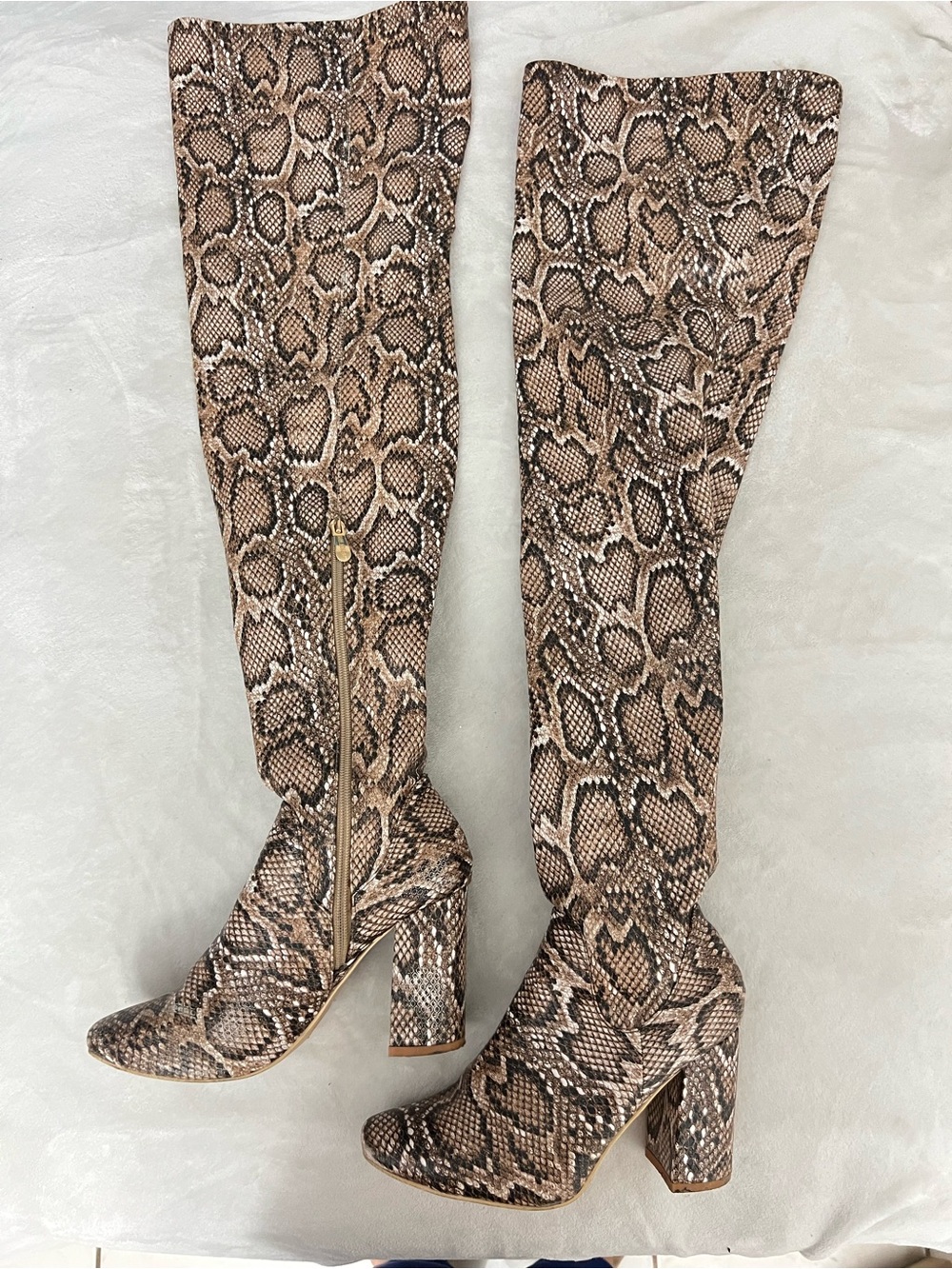 Snake Print Thigh High Block Heel Boots - Brown (read description)